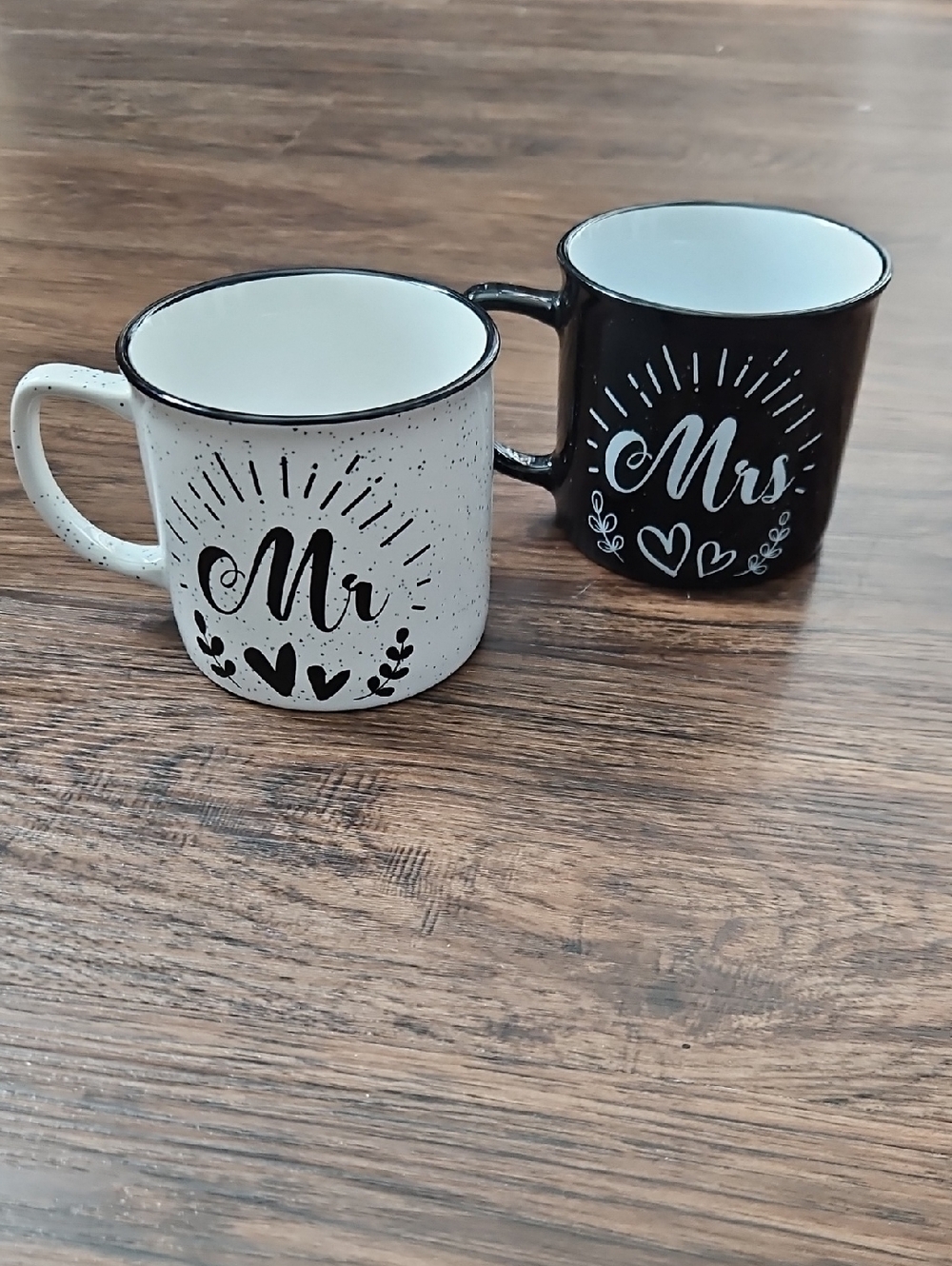 Mr & Mrs Ceramic Campfire Style Coffee Mug Set Black White Speckled